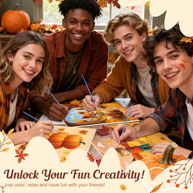 Blosssound 24 Pack Fall Pre Drawn Canvas Painting Kit 5 x 7 Inch Pre Printed Canvas to Paint with Easel, Paint Pots Brushes Stretched Panels Bulk for Adult Autumn Thanksgiving Sip Party Student DIY
