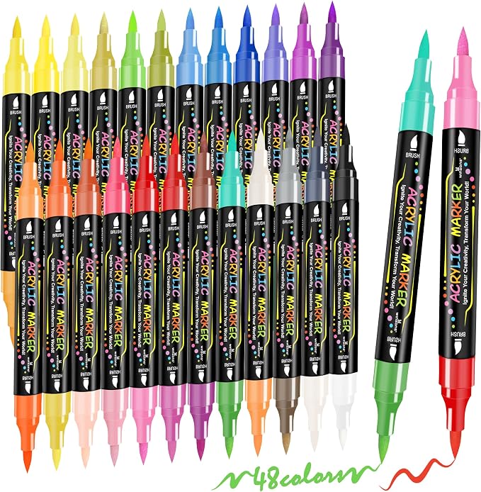 WINSONS 48 Colors Dual Tip Acrylic Paint Pens Markers, 24 Set Permanent Acrylic Paint Pens, Waterproof, Quick-Dry, Ideal for Rock Painting, Canvas, Glass, Wood, Ceramic, DIY Crafts & Art Supplies