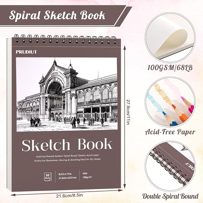 3 Pack Sketch Book 8.5 × 11 in, Spiral Bound, 50 Sheets Each | 68Lb/100gsm Acid-Free Paper, Perforated Pages, Sturdy Backboard, for Pencil Charcoal Pastel And Pen