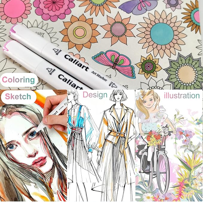 Caliart Pastel Alcohol Markers 61 Colors Fine & Chisel Dual Tip Art Markers | Coloring Markers Set with Carrying Case for Adults Coloring Book Drawing Sketching Painting Illustration