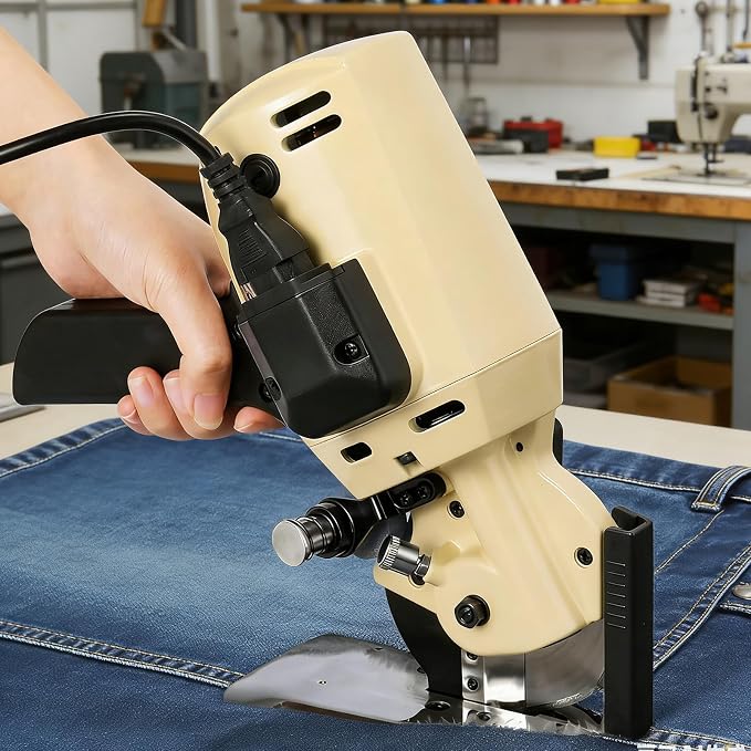 Fabric Cutter 110V Electric Cloth Cutting Machine with Extra 4-Inch Rotary Blade & Automatic Sharpener Hand Held Fabric Slitting Machine for Multi-Layer Clothing, Textiles, Leather, Carpet