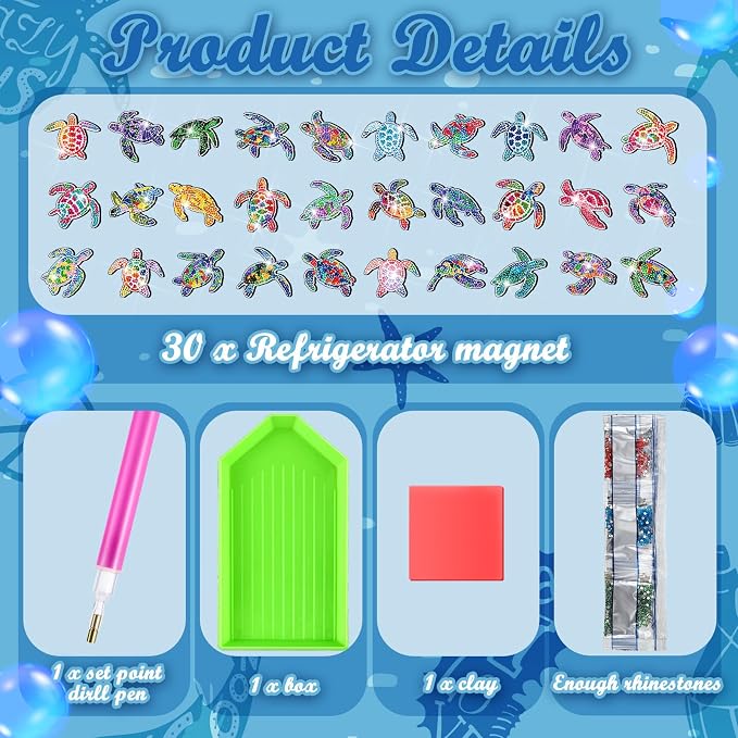 Remuuly 30 Pcs Turtle Diamond Painting Magnets Beach Diamond Art Magnet Kit | Ocean Animal Diamond Art Kits for Adults, 5D Rhinestone Refrigerator, Fridge Magnetic Sticker, Diamond Club Gifts, DIY Crafts