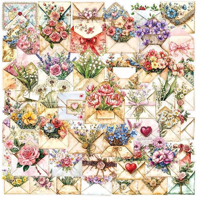 50PCS Retro Envelope Stickers for Scrapbooking Journaling Junk Journal Scrapbook Supplies - Self-Adhesive Scrapbooking Stickers Supplies Journal Stuffers for Adult Card Making Letters DIY (Envelope)