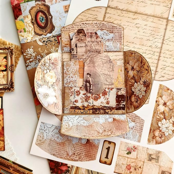 Vintage Junk Journal Kit with DIY Ephemera Storage and Accordion Pockets,11 Sheets Cardstock Pieces for Art Journaling, Scrapbooking and Mixed Media Crafts