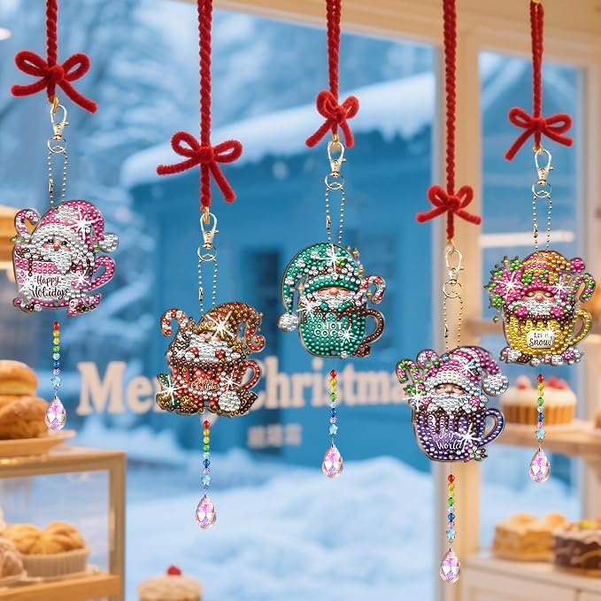 JeCuiK 6 Pcs Diamond Art Christmas Ornaments Gnomes Coffee Diamonds Painting Keychain Kits Double Sided Diamond Art Kits for Adults Xmas Decoration Diamonds Painting Wind Chimes DIY