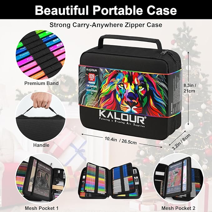 109 Drawing Set Sketching Kit, Pro Art Supplies with Fluorescent, Colored, Watercolor, Metallic, Graphite, Charcoal Pencils, 5 Sketchbook and Coloring Book, for Artists Adults Teens Beginner