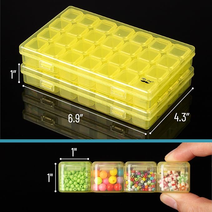 Mr. Pen- Bead Storage Containers, 28 Grids, 2 Pack, Transparent Yellow | 160 pcs Label Stickers, Transparent, Small Bead Organizer Box, Diamond Art, Diamond Painting Organizer