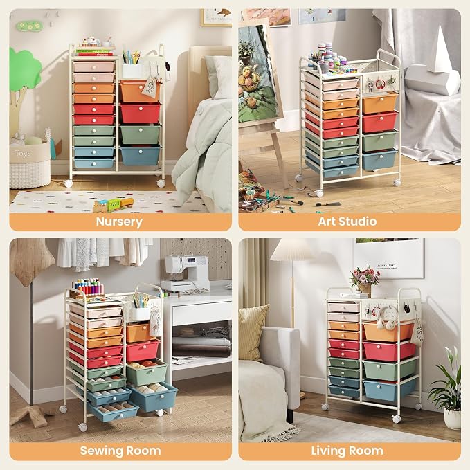 Giantex 14 Drawer Storage Cart, Rolling Craft Cart with Metal Tabletop & Pegboard, Mobile Utility Organizer Trolley with Locking Wheels, Home Office, Macaron Multicolor
