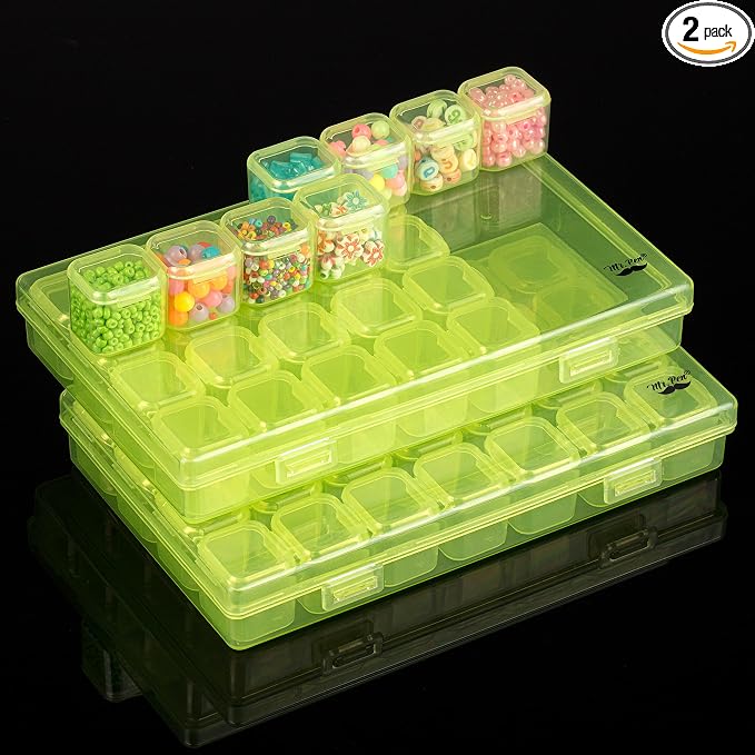Mr. Pen- Bead Storage Containers, 28 Grids, 2 Pack, Transparent Green | 160 pcs Label Stickers, Transparent, Small Bead Organizer Box, Diamond Art, Diamond Painting Organizer