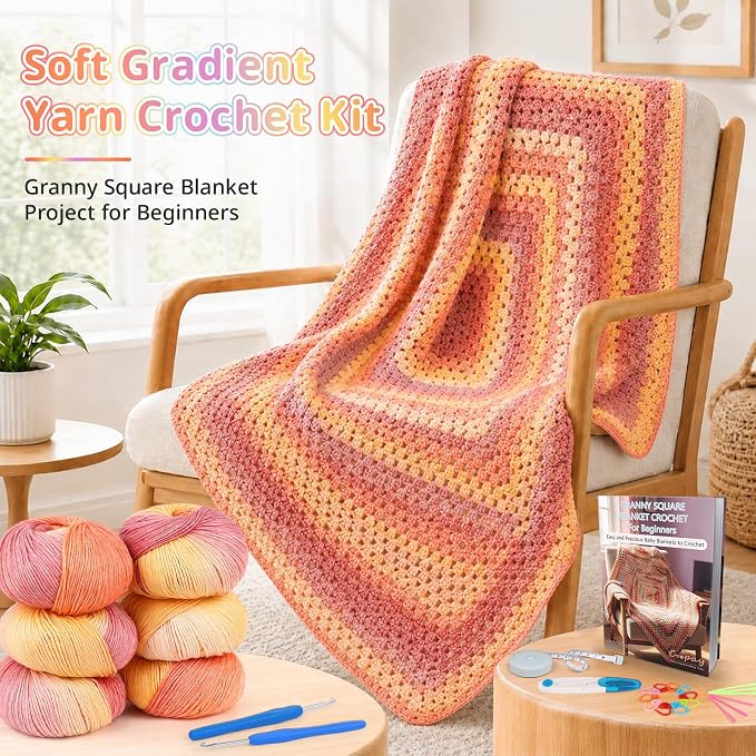Coopay Crochet Kit for Beginners Adults, Gradient Granny Square Blanket Kit