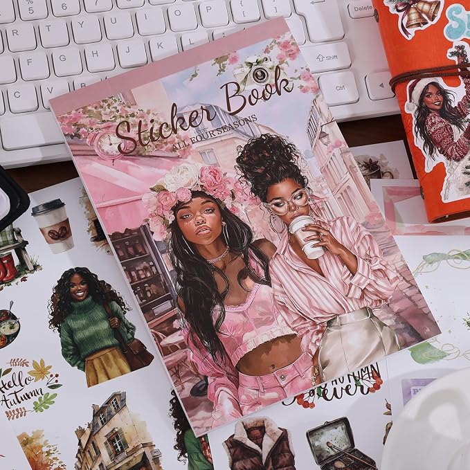 Black Girl Sticker Book of Four Seasons - 24 Pages Hand Drawn Waterproof Vinyl Stickers for Journals, Planners, Scrapbooking, Laptop & Water Bottles - Melanin Power Aesthetics Gift Ideas for Women
