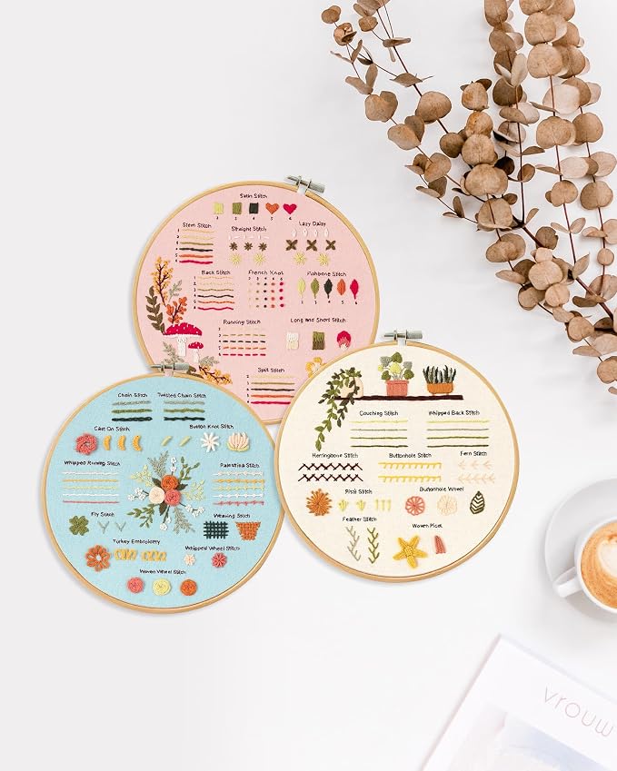 Santune 3 Sets Embroidery Kit for Beginners Adults,Learn Over 30 Different Stitches,DIY Cross Stitch Kits,Including Clear Instructions,Video Tutorials,Stamped Flower Patterns,Hoop,Color Threads,Tools