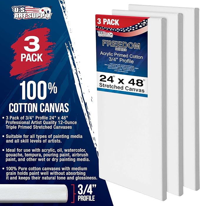 U.S. Art Supply 24"x48" Stretched Canvas for Painting, 3/4" Profile, 3-Pack