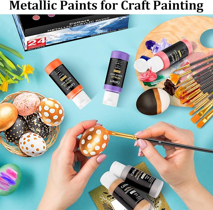 Caliart 24 Colors Acrylic Metallic Paint Set with 12 Brushes | Craft Painting kit for Adults Artists Beginners, Rich Pigment Non-toxic, Canvas Wood Rock Pumpkin Ceramic Art Supplies Paint