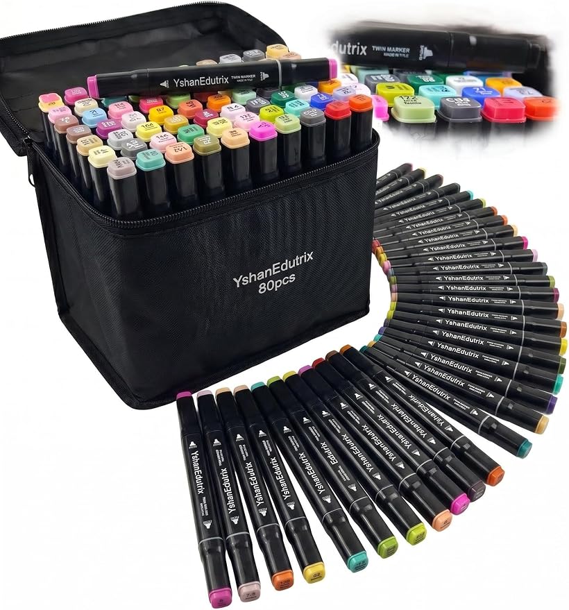 Alcohol Markers 80 Colors, 81 Pieces with Colorless Blender, Dual Tip Fine & Chisel Art Markers for Adult Coloring Books, Gifts, Drawing, Sketching, Painting & Illustration