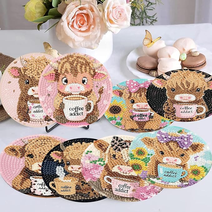 mrpwnle Diamond Art Coasters Kits, 8 Pcs Cow Diamond Painting Coasters Kits