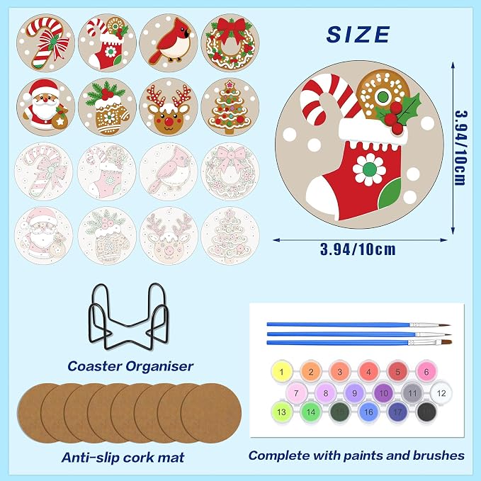 8 Pack Christmas Paint by Number Kits Coasters with Holder Cork Pads | Paint by Numbers Kits for Adults Simple Round Oil Painting Coaster for Small DIY Craft Holiday Birthday Gifts 3.9x3.9in