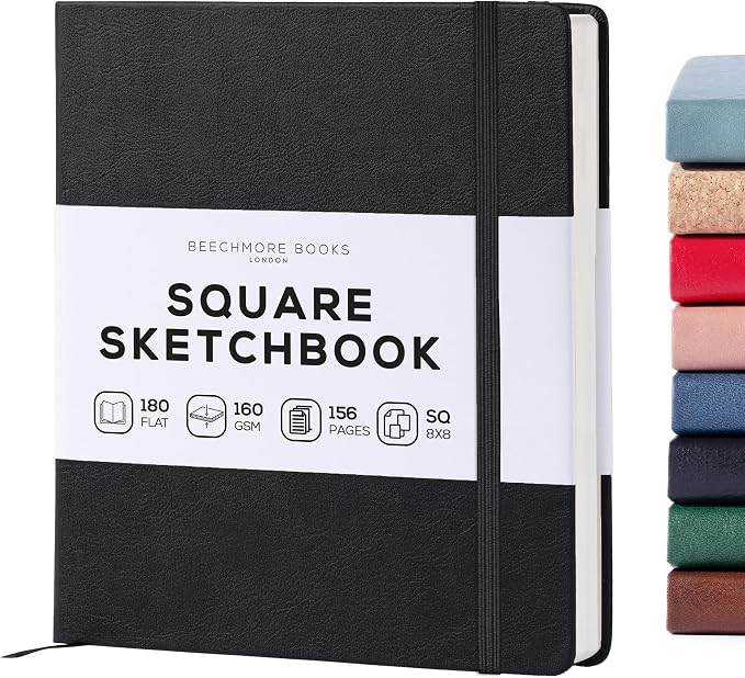 Beechmore Books 8x8 Square Mixed Media Sketchbook 160 GSM/98lb, Gift Box | Vegan Leather Hardcover Art Journal with Lay-Flat Binding, Perforated Ivory Pages for Drawing & Doodling