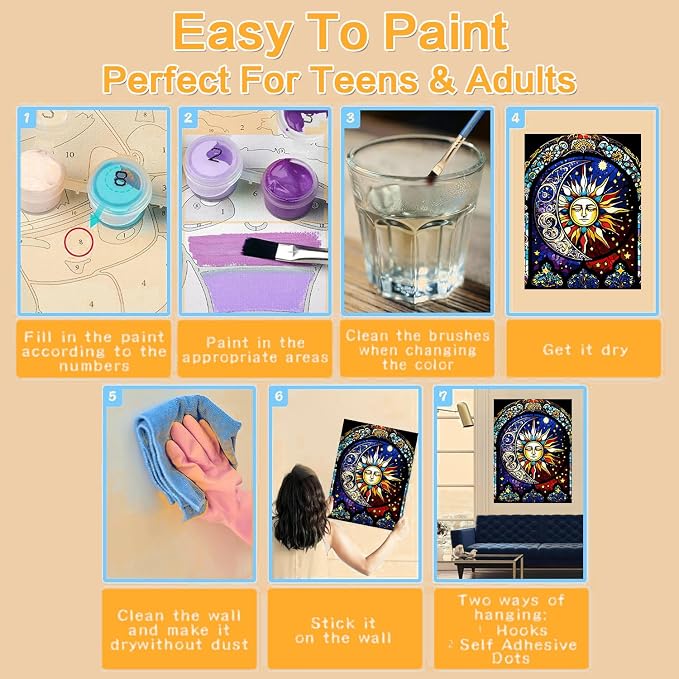 Meothan Framed Paint by Numbers Kits for Adults 12x16in with Wooden Easel | Adult Paint by Number on Canvas, DIY Sun Moon Acrylic Oil Painting Kits with Brushes for Home Wall Decor (30x40cm)