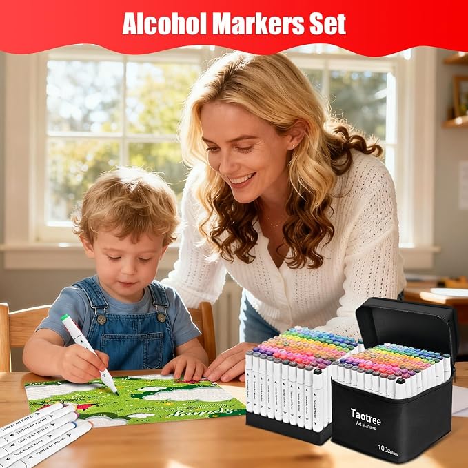 Taotree Alcohol Markers 100 Colors & Case & Holders, Dual Tips Art Markers | Coloring Pens Set, Chisel & Fine Art Supplies for Adult Coloring Books, Artist Sketch Pens Drawing Set, Painting, Sketching