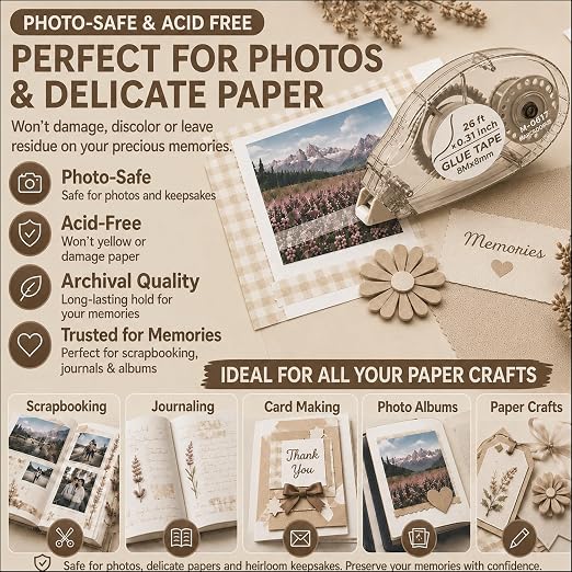 MARCADORUS Glue Tape Roller, Double Sided Scrapbook Tape, 208 Ft Total | 8-Pack_26Ft x 0.31In Tape Runner, Adhesive for Photos, Scrapbooking, Card Making, Paper Crafts & Journaling Supplies