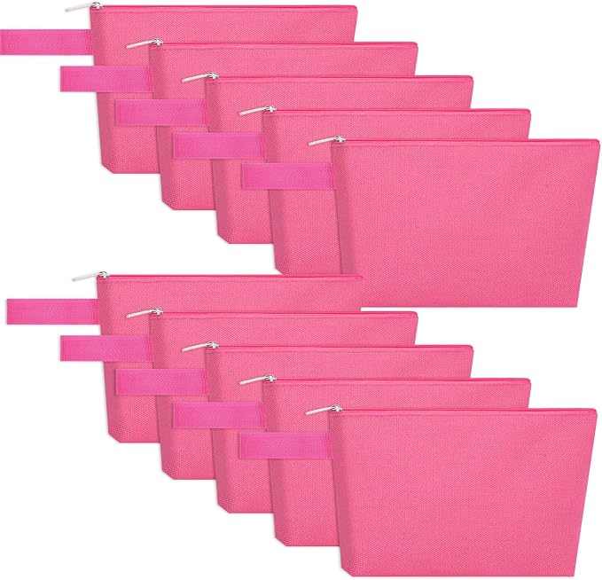 10 Pieces Cotton Canvas Makeup Bag with Bottom and Strap, Multi-Purpose Cosmetic Bag with Zipper Travel Toiletry Pouch, Blank DIY Craft Bag (Hot Pink, S)