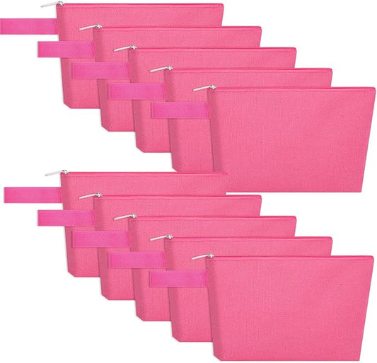 10 Pieces Cotton Canvas Makeup Bag with Bottom and Strap, Multi-Purpose Cosmetic Bag with Zipper Travel Toiletry Pouch, Blank DIY Craft Bag (Hot Pink, S)