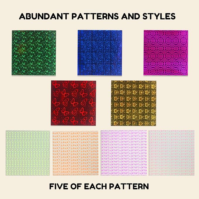 JoyCat Specialty Origami Paper Kit, 200 Assorted Finish Sheets, 6x6 Inch | Includes holographic laser, pastel glitter, glow-in-the-dark and embossed sheets for varied origami and DIY crafts.