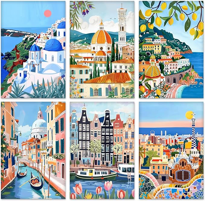 KEYIFA 6 Pack Paint by Numbers Kit, Stretched Canvas Boards for Painting for Adults, No Crease Acrylic Oil Painting for Students Beginners Favor Sip & Paint Party Supplies, Scenery-Cityscape (8x12)
