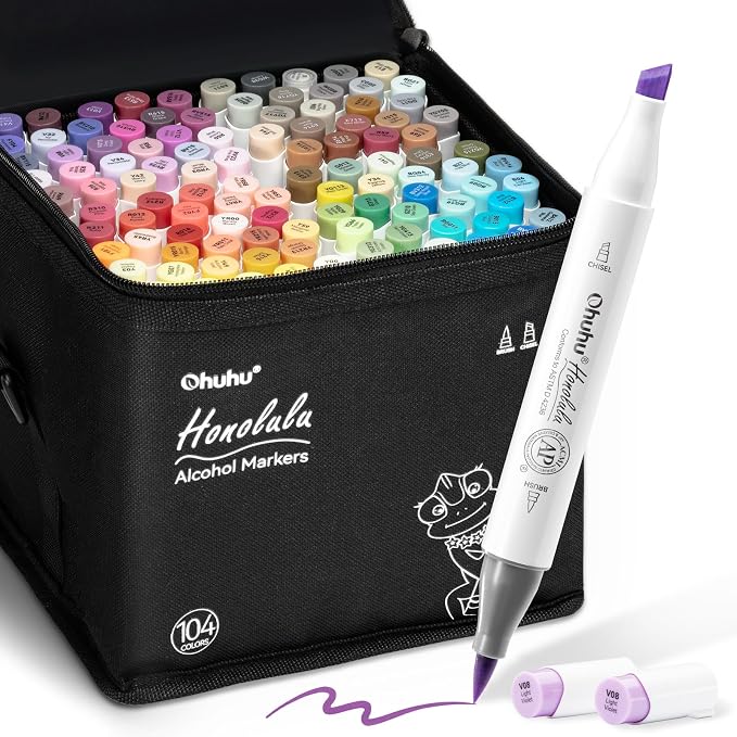 Ohuhu Alcohol Markers 104 Colors Brush& Chisel for Adults Cozy Coloring | AP Certified Refillable Art Marker, Dual Tips Alcohol-based for Artists Beginners Drawing Illustration Sketching, Honolulu