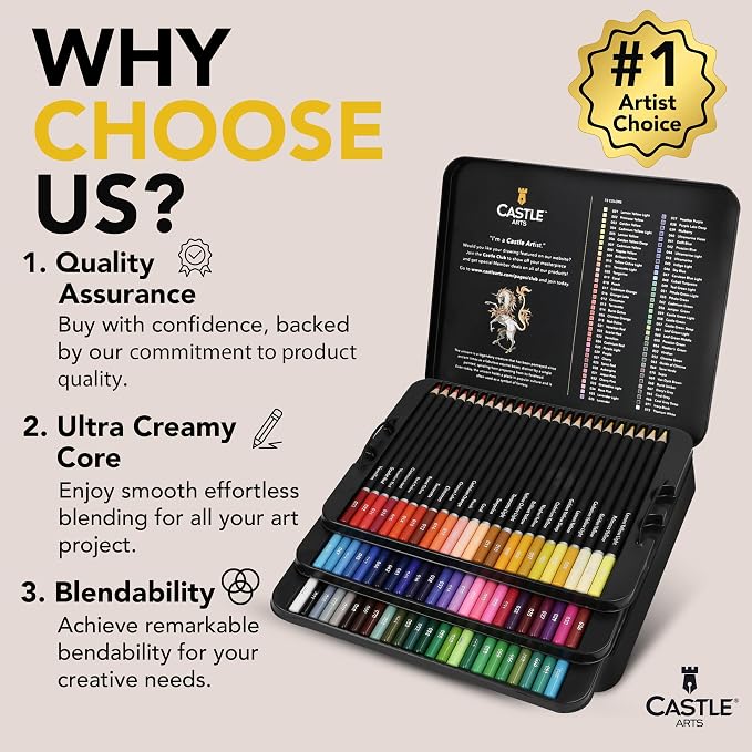 Castle Art Supplies 72 Colored Pencils for Adults - Soft Core Leads | For artists, professionals, and adult colorists - rich, creamy, velvety leads - organized in a presentation tin case