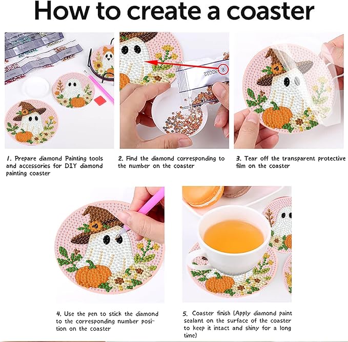 8 Pcs Halloween Diamond Art Coasters Kits with Holder 4X4 Inch