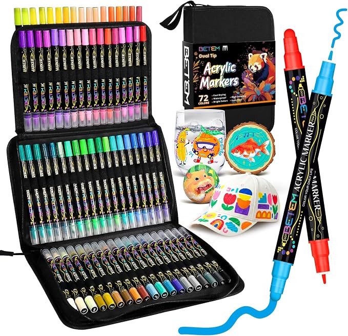 Betem 72 Colors Dual Tip Acrylic Paint Markers, Fabric Decorating Kits | Premium Water-Based Acrylic Paint Pens Art Supplies for Fabric, Rock, Wood, Glass, Canvas, Ceramic, School Supplies