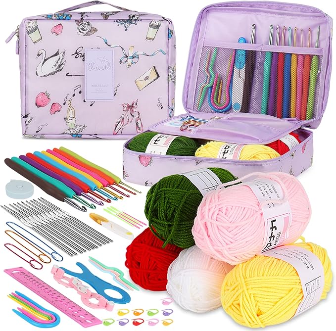 Aeelike Beginner Crochet Kit, Light Purple | 59pcs Crochet Starter Kit for Adults and Kids, Basic Crochet & Knitting Supplies Kit for Beginners, Crochet Kit Storage Bag