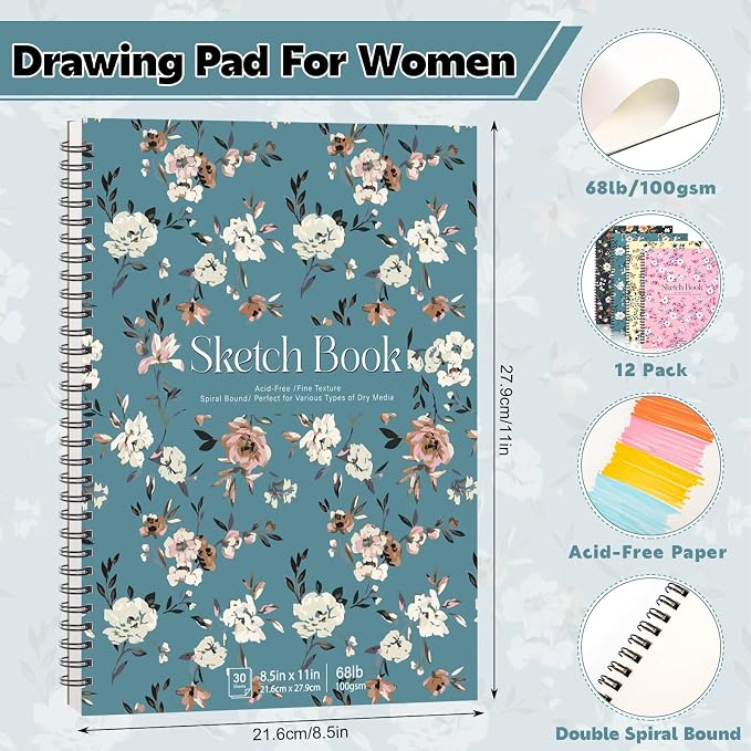 12 Pack Sketch Books 8.5 × 11 in, Top Spiral, 30 Sheets, Acid-Free | 100gsm Paper, Hardcover with Rigid Backboard, Lay-Flat Top Spiral, for Pencil, Ink, Charcoal And Colored Pencil