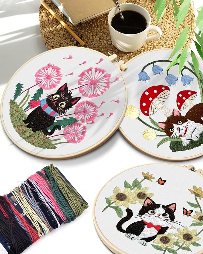 TINDTOP Embroidery Kit for Adults, Cat Embroidery Practice Kit | for Beginners Include Embroidery Cloth Hoops Threads for Craft Lover Hand Stitch with Embroidery Skill Techniques