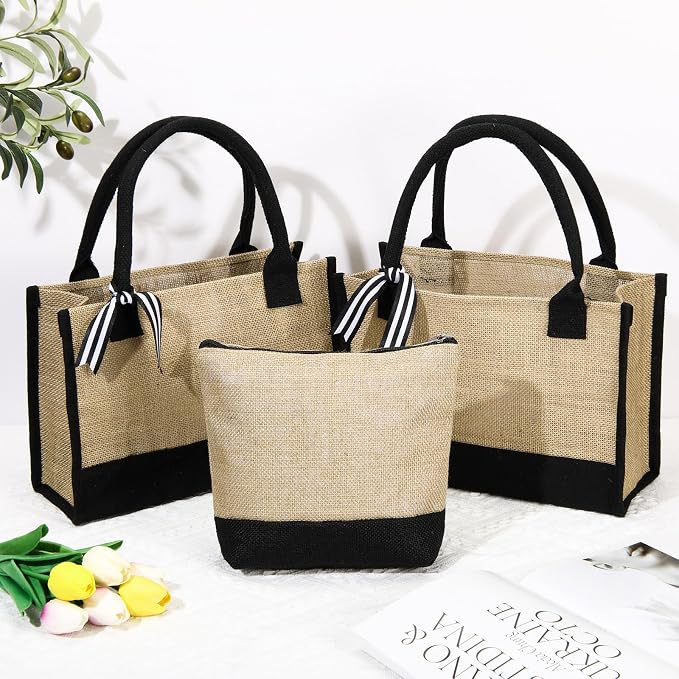 Sweetude 4 Set Jute Burlap Tote Bag with Canvas Makeup Pouch Reusable DIY Craft Blank Gift Bags for Wedding Bridesmaid(Simple,Black)