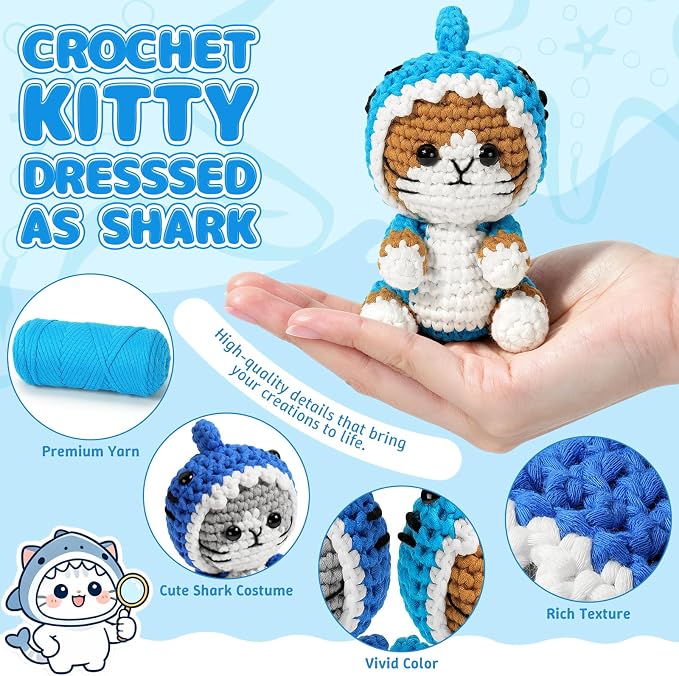 Fortuning's JDS Crochet Kit for Beginners, 2 PCS Shark Cat Crochet Kits