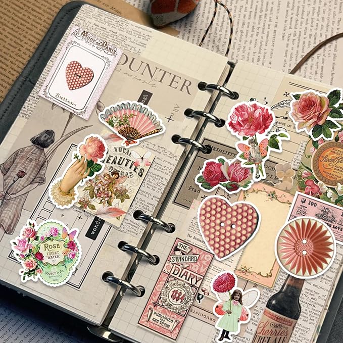 Bomichi Vintage Stickers, 102 Pcs Scrapbooking Supplies for Bullet Journals, Planners, Letter, Card Album Making, Collage Art, Crafts, Water Bottle