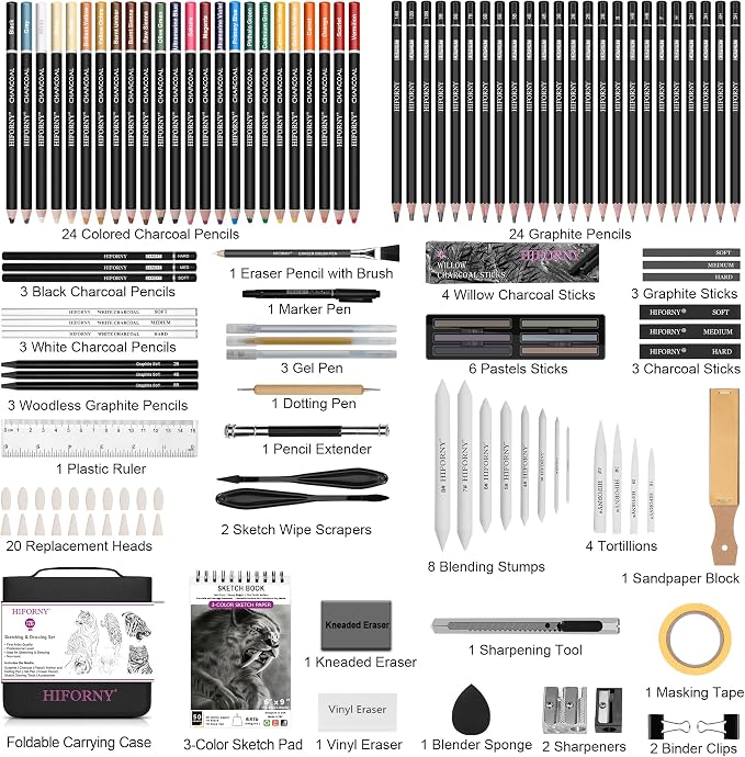 HIFORNY 126 PCS Drawing Kit Sketching Pencil Set,Sketch Pencils Art Supplies with 3-Color Sketchbook,Graphite,Charcoal,Blending Tools,Drawing Pencils for Adults Artists in Zipper Case