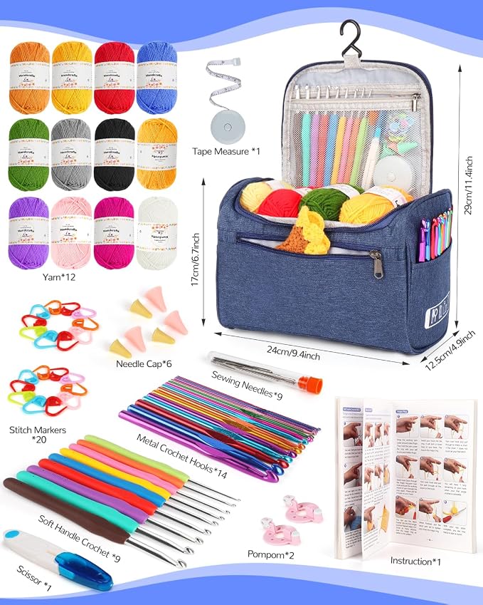 Aeelike Crochet Kits for Beginners Adults Kids, Complete Crochet Set, Navy | Crochet Kit for Beginners Young and Old, All-inclusive Kit with Crochet Hooks 655 Yards Yarn Instruction Knit Bag, Ideal Gift