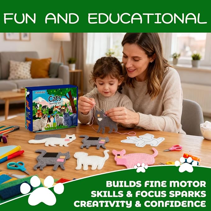GOASION Sewing Kit for Kids, 12 Pcs Cat Craft Set, Ages 5+