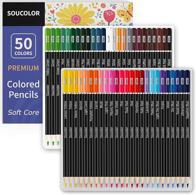 Soucolor 50 Colored Pencils -Colored Pencils Set for Adult Coloring Books | Break-Resistant Color Cores,Long-lasting vibrancy Colors,Smooth Writing,Easy Blending and Shading,Perfect for Coloring Books