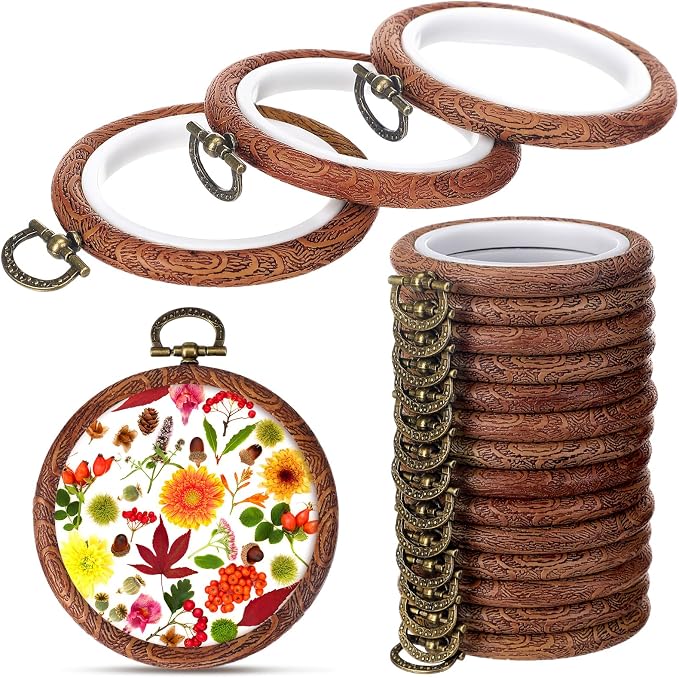 Burbell 15 Pcs 2.4 Inch Round Embroidery Hoops Frame Circle Rubber Hoops Ring Display Cross Stitch Ornament Imitated Wood Frame Kits for Spring Gifts Mother's Day Craft Sewing DIY Hanging Gifts