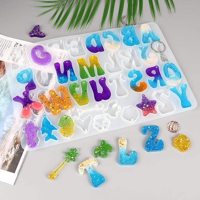 Alphabet Keychain Mold, Reversed Letter Keychain Silicone Molds with Holes, Alphabet Epoxy Resin Mold for DIY Jewelry Pendant Keychain (Ocean and Letter)