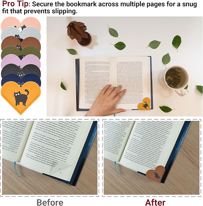 Yuoyar 8 Packs Leather Heart Book Marks for Reading Women - Cute Bookmarks for Book Lovers - Unique Gifts for Women (Cat) | Cute