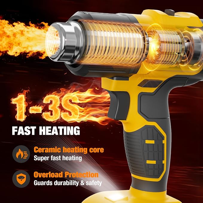 Cordless Heat Gun for DeWALT 20V MAX Battery, 7Pcs Nozzles&Scraper, LED Light, 350W Fast Heating Soldering Hot Air Gun, 2-Temp Setting Max 990℉(532℃), Heat gun for Shrink Tubing, Crafts (Tool Only)