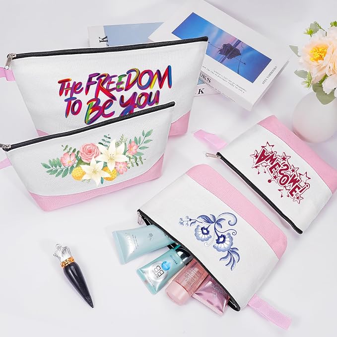 10 Pieces Cotton Canvas Makeup Bag with Bottom and Strap, Multi-Purpose Cosmetic Bag with Zipper Travel Toiletry Pouch, Blank DIY Craft Bag (White&Pink, S)