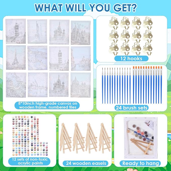 RoundFunny 12 Set Paint by Numbers Kit for Adults Cityscape Painting 8x10 | with Wooden Frame Easel Acrylic Paints Brushes Watercolor Oil, DIY Stress Relief Paint by Number for Beginner Home Wall Decor