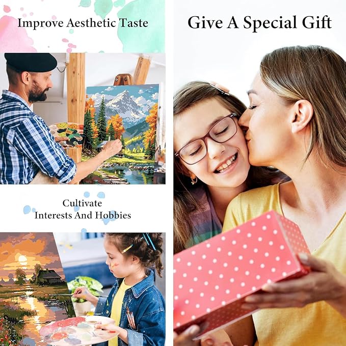 4 Pack Paint by Numbers Kit for Adults, Landscape Paint by Numbers Kits | Mountain Cabin Paint by Numbers for Adults, DIY Easy Painting by Numbers for Adults Beginners Wall Art Decor Gifts 12x16 Inch